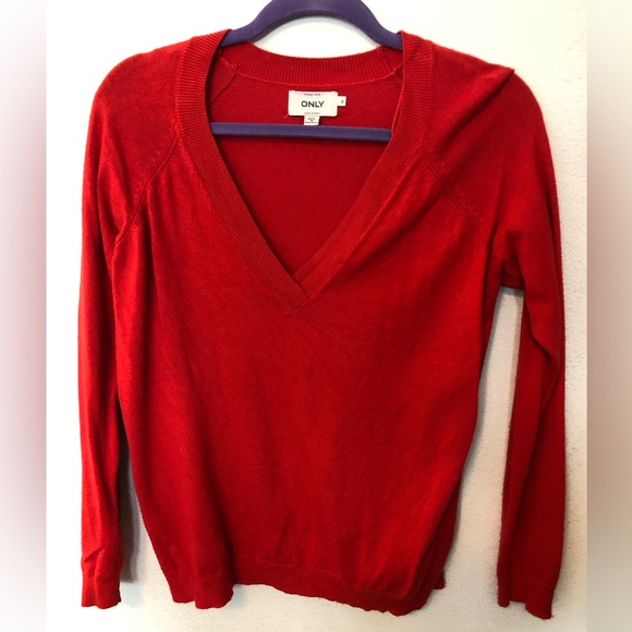 Red V-neck sweater. Size: S. Brand: Only. Lovingly worn. Some pilling. - Picture 2 of 6